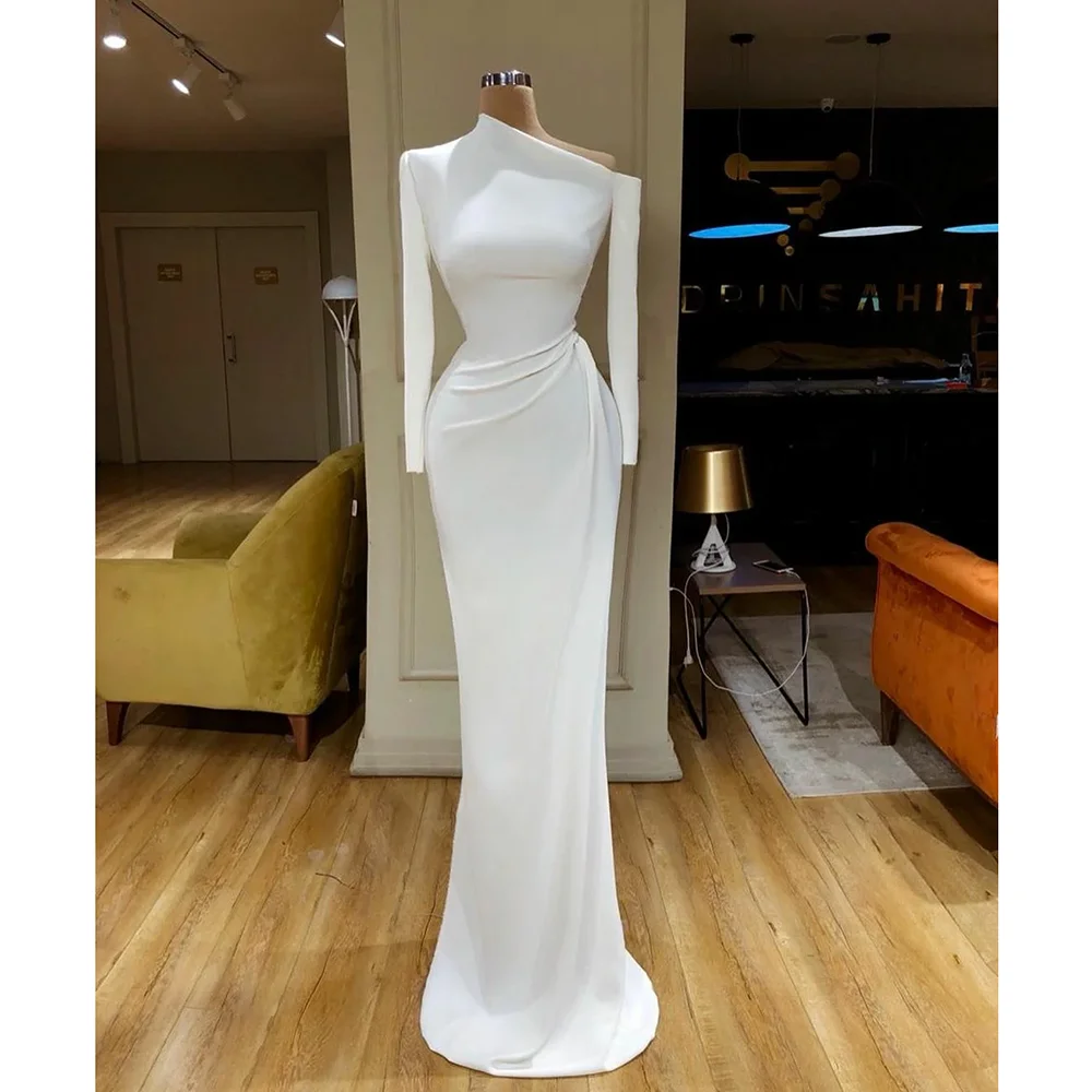 STEVDITG Elegant Solid Evening Dress Fashion High Collar Long Sleeves Mermaid Gowns Exquisite Floor Length Prom Party Dress