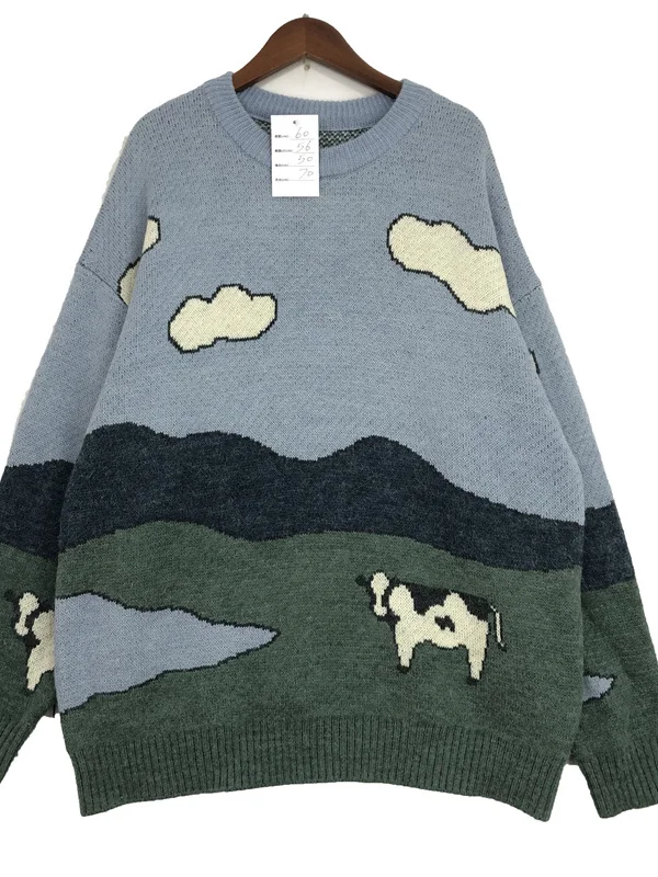 Vintage Women's Knitted Wool Sweater Winter Warm Fce Netie Cartoon Embroidery Street Sle Straight Cut Long Sve Top