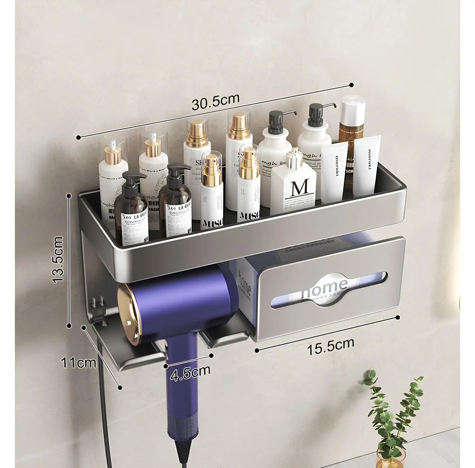 

Wall-Mounted Aluminum Bathroom Organizer with Hair Dryer Holder, Tissue Box, and Accessory Compartments