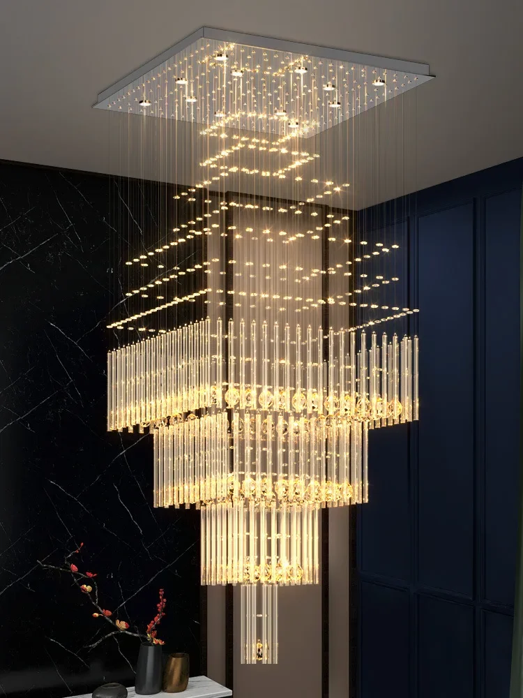 Luxury Crystal LED Pendant Chandeliers Lighting for Staircase Living Room Hotel Square Base Hanging Loft Decor Suspension Lamp