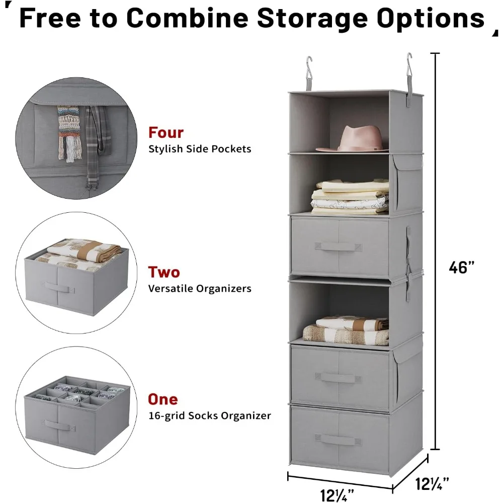 أرفف معلقة مكونة من 6 طبقات للخزانة، منظم خزانة معلق مكون من 3 أرفف مع 4 جيوب جانبية و3 أدراج، قابل للتدمج في النوم #3