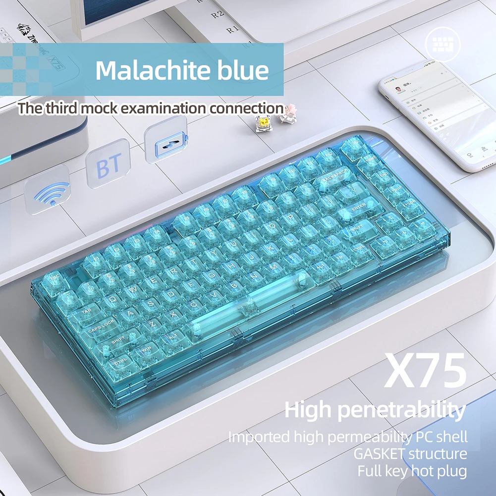 X75メカニカルゲーミングキーボード,透明ガラス,ホットスワップ可能,RGBバックライト付き