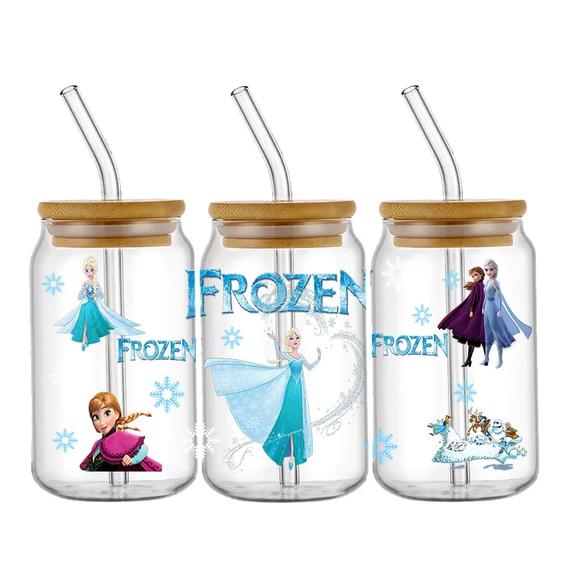 Frozen Disney Elsa Princess Cute 16oz UV DTF Sticker For 16oz Glass Cups Wrap Transfer Sticker Custom Labels DIY Logo Waterproof