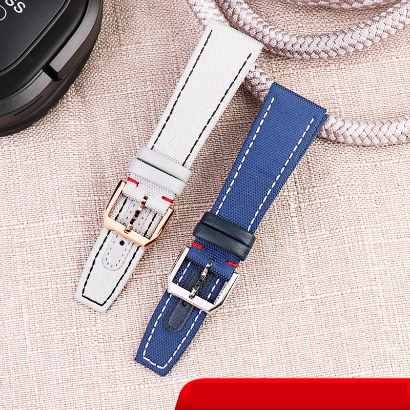 For IWC PILOT Mark 18 Portugal wristband 20M 21MM 22MM Blue Nylon leather watch strap men wrist belt Breathable canvas watchband