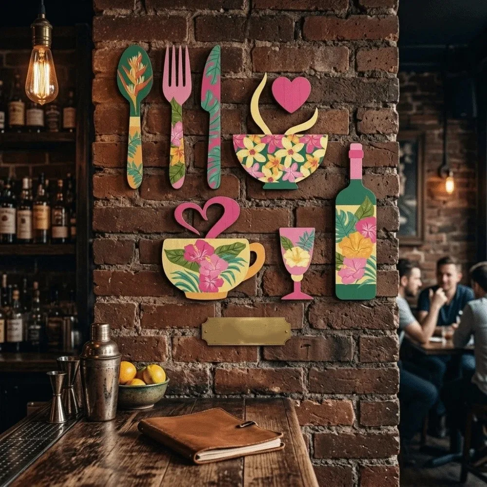 8PCS/SET Retro Wooden Wall Sticker Ornaments Fork Coffee Cup Coffee Wall Sticker Hangings Pastoral Style Tableware Design