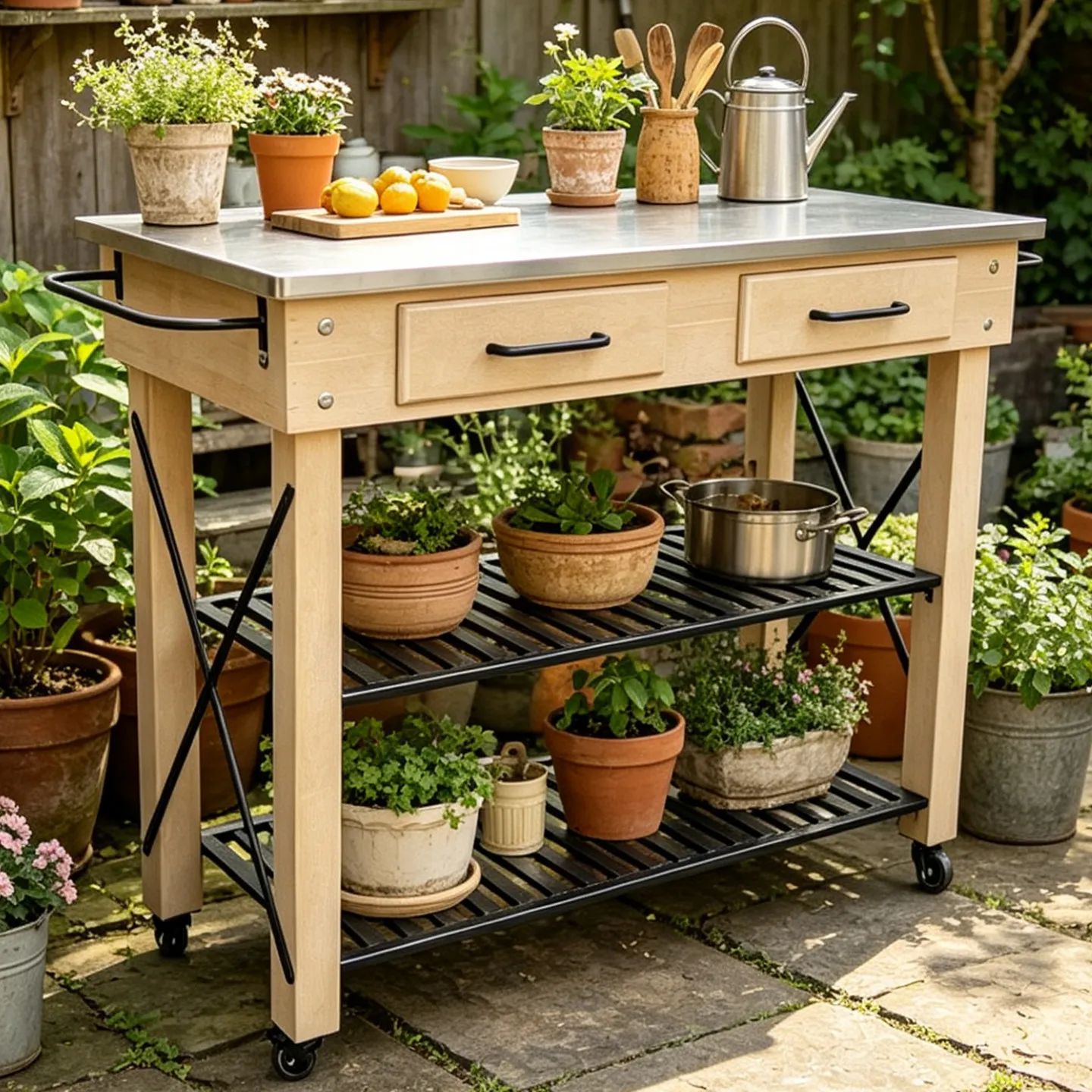Customizable preservative wood table flower stand universal wheel mobile porch layer rack outdoor console storage