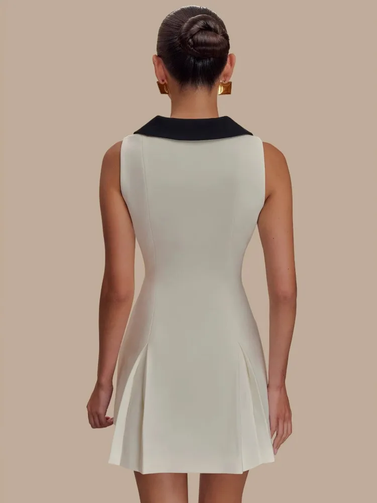 Blifanbo Mini abito elegante con fibbia in metallo per donna senza maniche a vita alta Slim patchwork pieghettato con cerniera A-line Club Party Dress