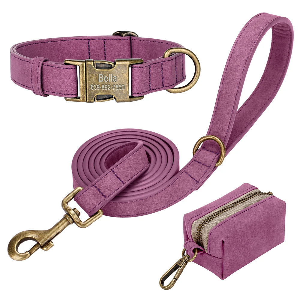 Benutzerdefinierte Hundehalsband Leine Tasche Set personalisierte PU Leder Hundehalsbänder Vintage Haustier Schnalle Halskette mit Bleikot Tasche für Hunde Mops – Detail 9