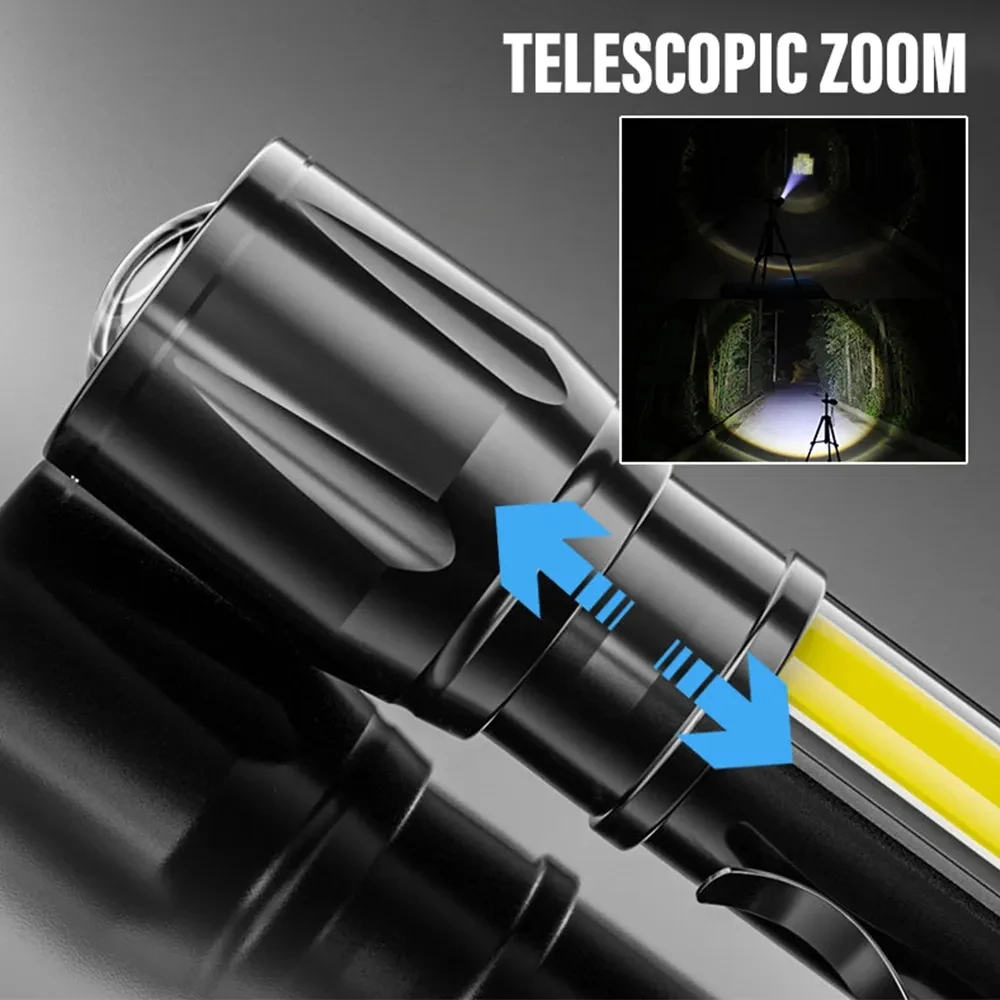 휴대용 줌 가능한 LED 손전등, USB 충전식 미니 토치 랜턴, 비상 야외 캠핑 손전등, 플래시 라이트, Cob 라이트