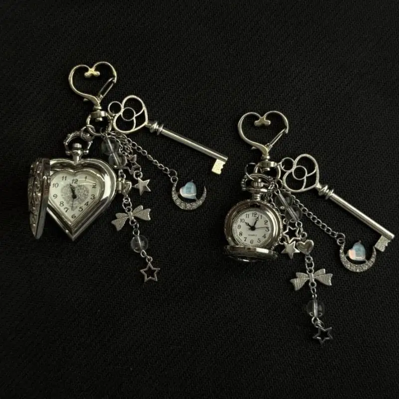 Fashion Hollow Heart Pocket Watch Chain Keychain Design Steampunk Clock Vintage Necklace Pendant Jewelry Watch Couple Gift