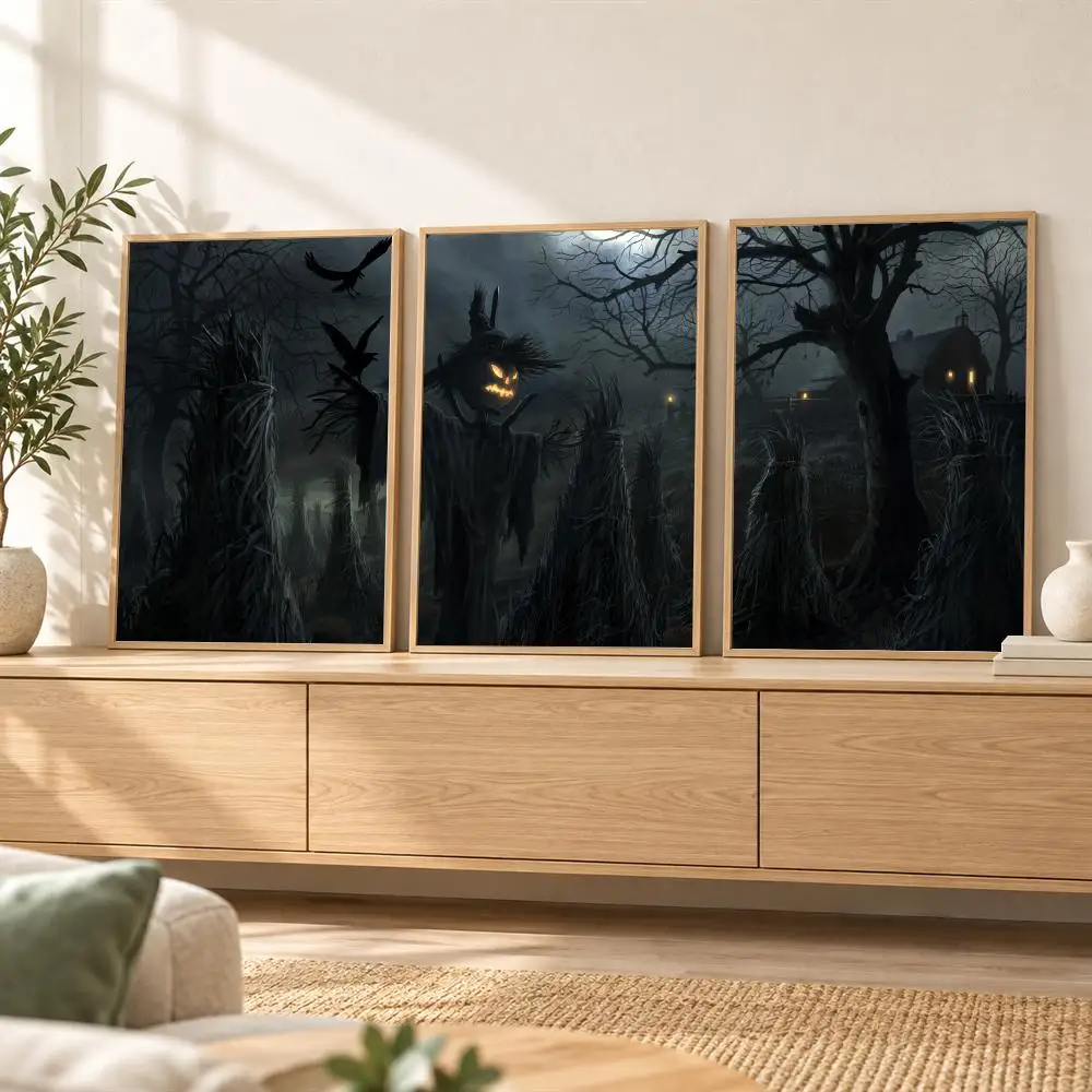 Halloween Scarecrow Painting Calligraphy 3 Piece Canvas Poster Set Wall Art for Living Room Bedroom Office Home Decor Gift