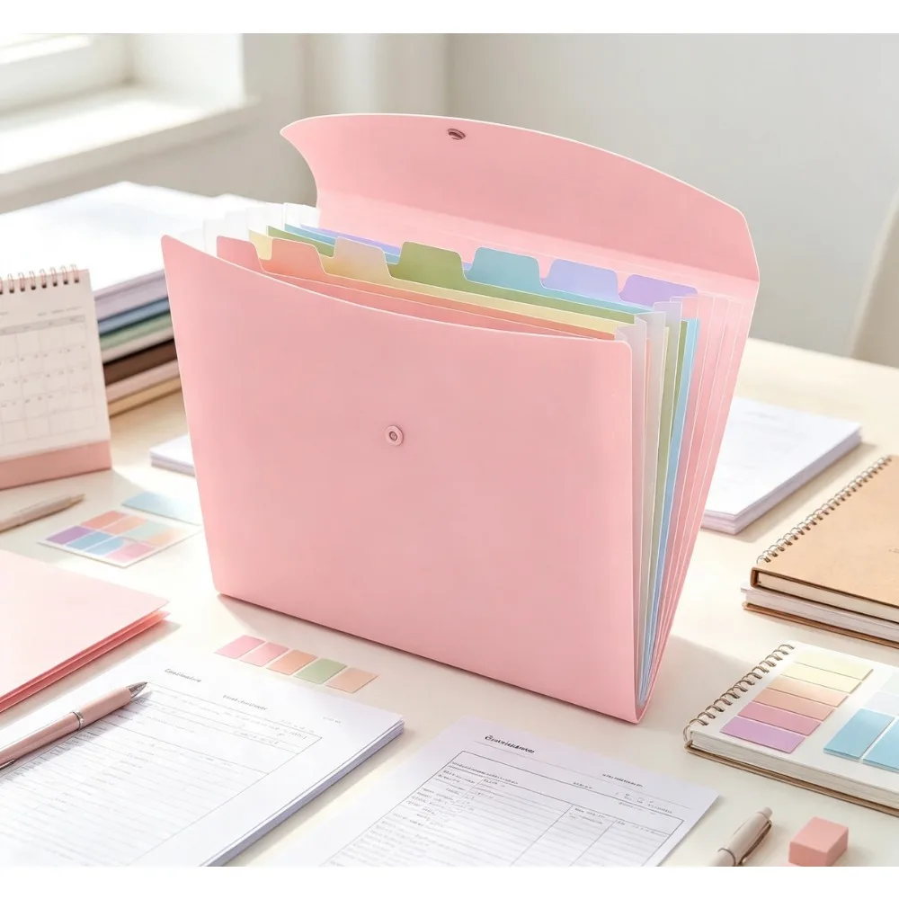 Pink PP Expandable File Organizer, A4 & Letter Size Document Folder with 7 Color‑Coded Dividers, Flap Closure Waterproof Paper Storage for Home School Office