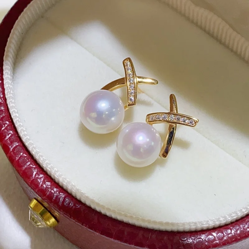 

SGARIT Super Round White Fresh Water Natural Pearl Earrings Gold Color Bean Spliced S925 Sterling Silver Basic Simple Commuting