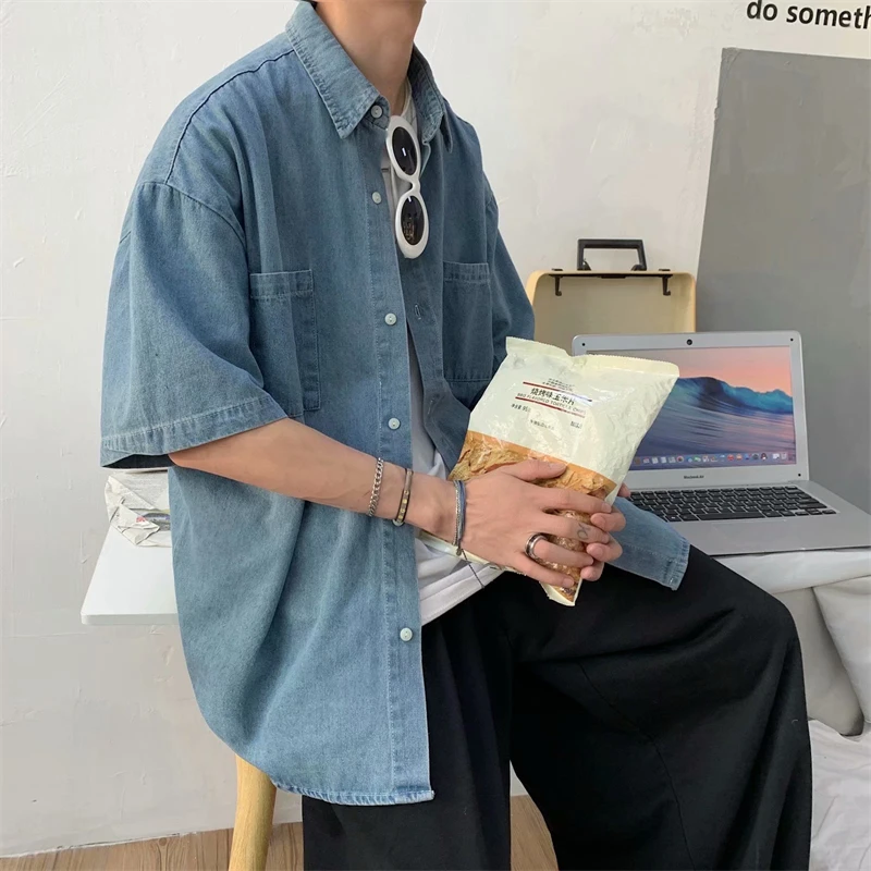 

Ретро Гонконг Sle Jeans irt Летняя мужская модная брендовая ort Sve Повседневная свободная рабочая одежда Тонкая верхняя одежда для подростков