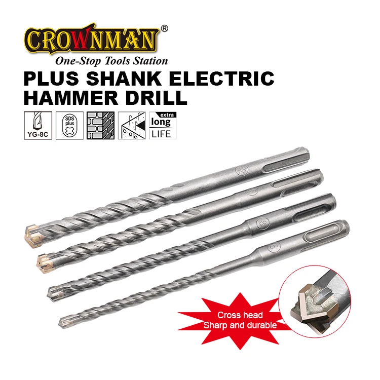 CROWNMAN 6/8/10/12mm Cross Carbide Tip Type Steel Alloy Plus Shank Electric Hammer Concrete Drill Bits for Masonry Concrete Rock
