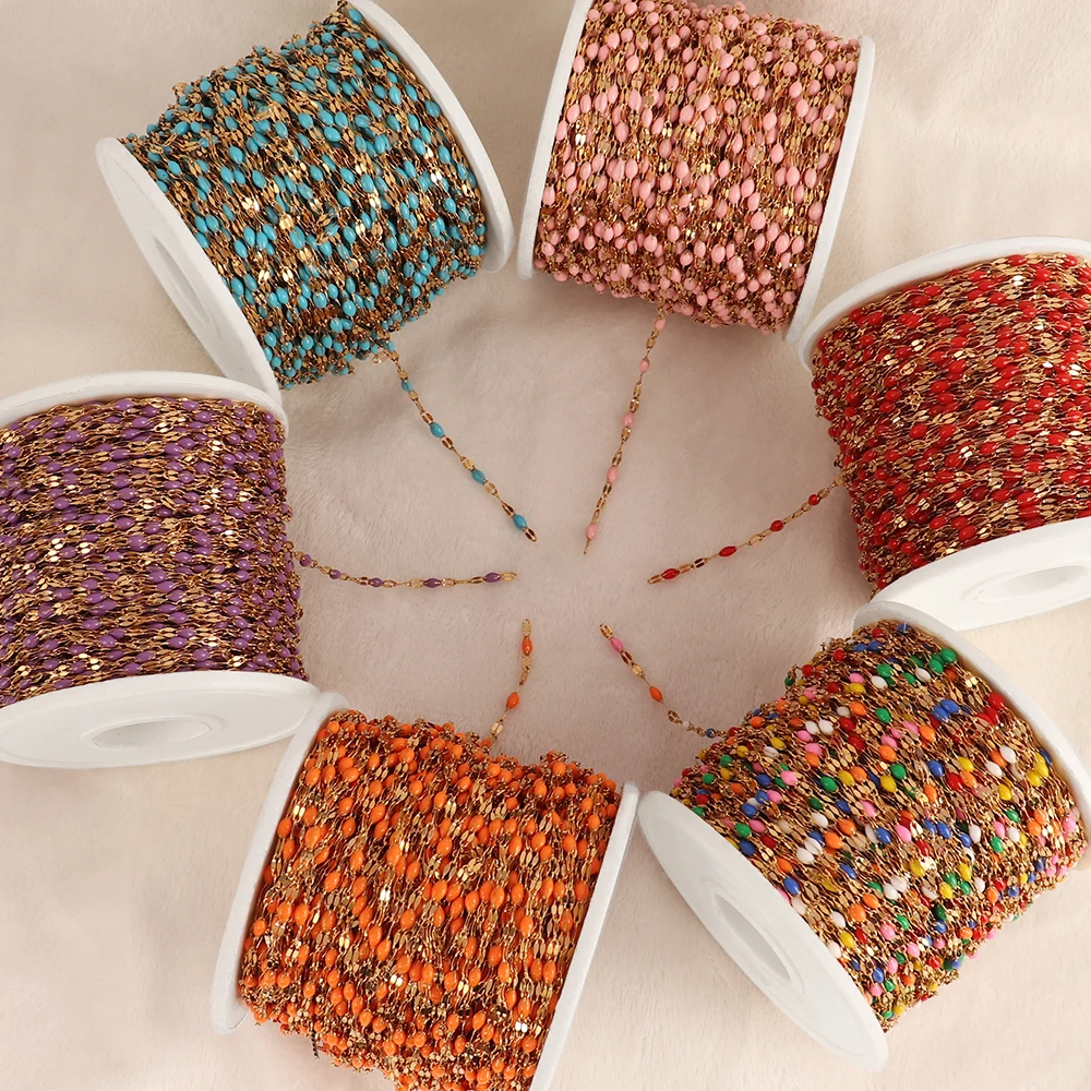 1Meters Stainless Steel Satellite Chain Boho Colorful Lip Beads Chain Enamel Satellite Cable Beaded DIY Making Bracelet Necklace