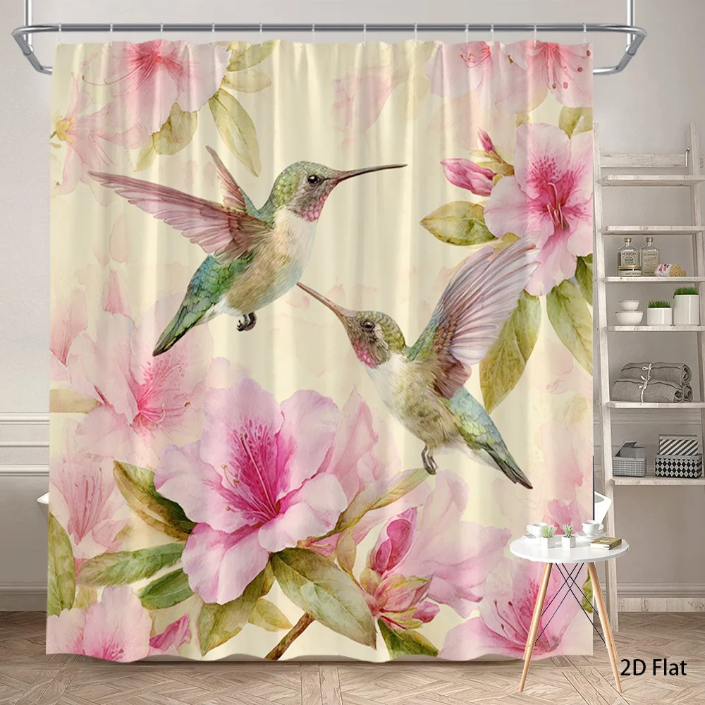 

vibrant hummingbird shower curtain with pink flowers and green leaves for tropical bathroom decor Can be used as a partition