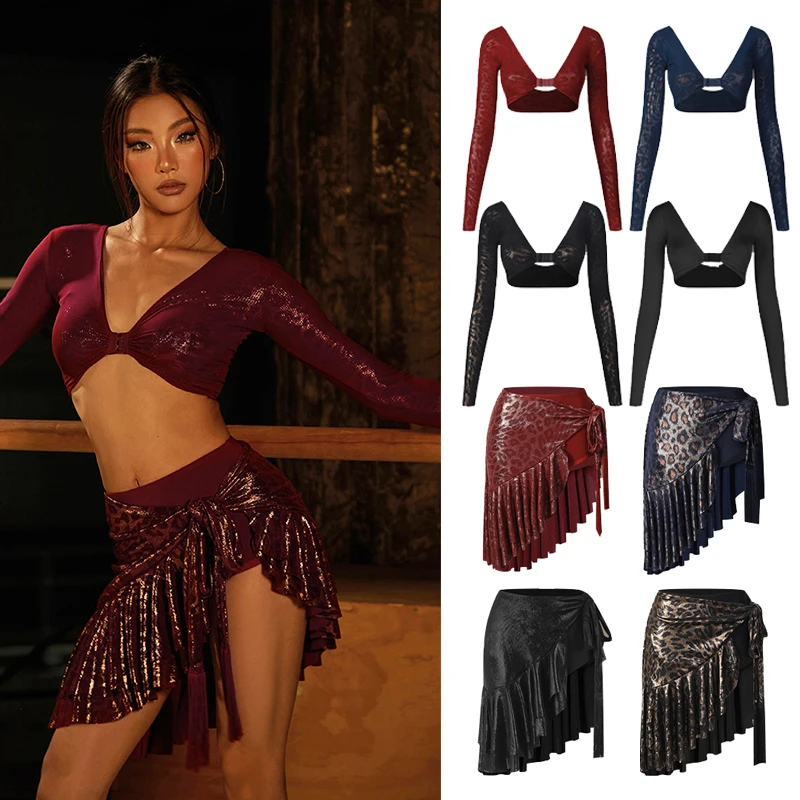 

ZYM Latin Dance Costume Sexy V Neck Short Tops Leopard Skirt Women Chacha Rumba Practice Clothes Adult Latin Dance Wear DNV25394