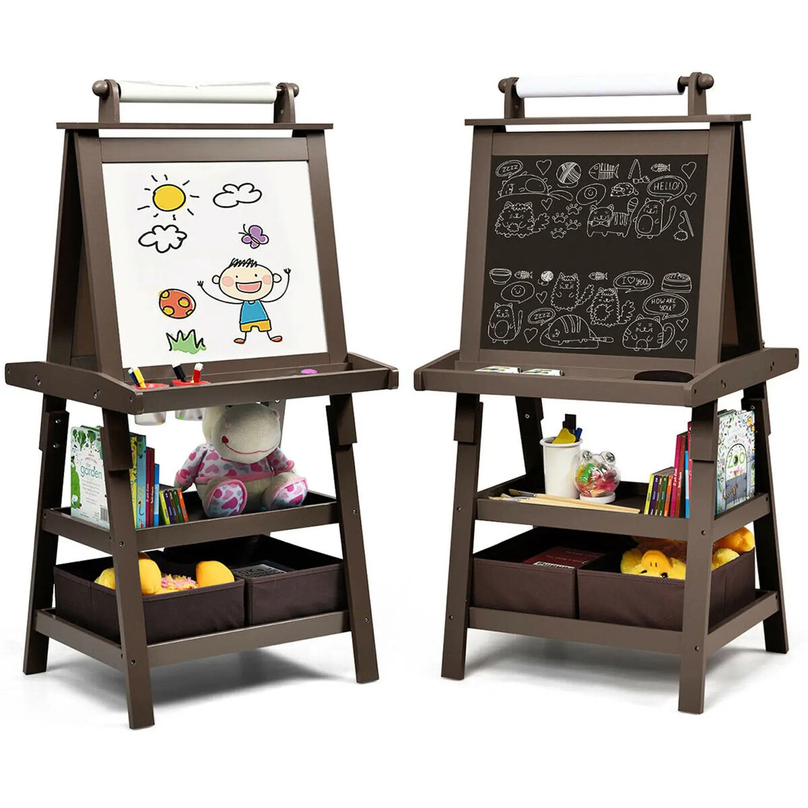 3 in 1 Double-Sided Storage Art Easel w/ Paint Cups for Toddlers Writing Coffee