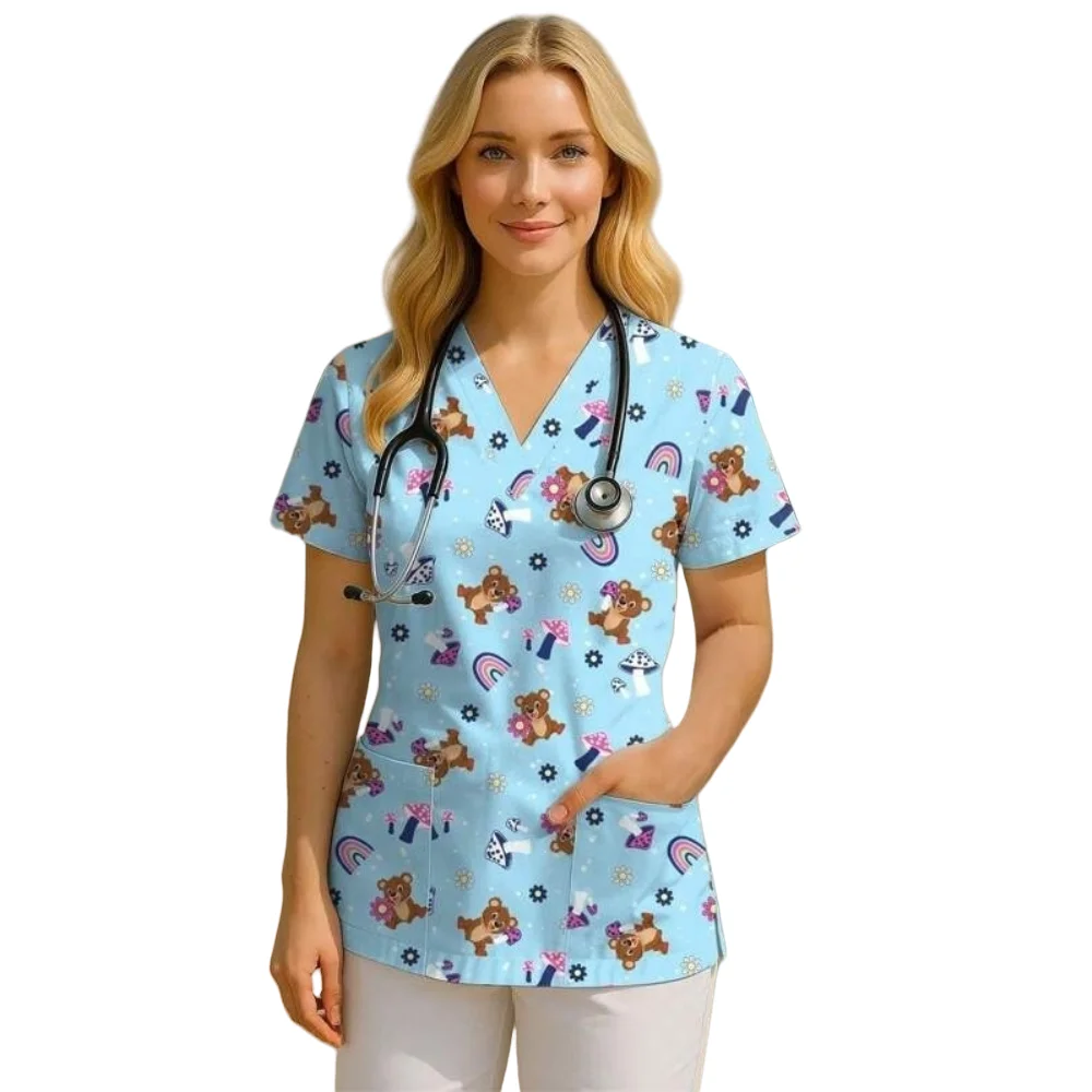 

Medical Scrubs for Women Cute Animal Cartoon Print Vet Surgical Uniform Tops Fashion V-Neck Short Sleeve Scrub Pet Medical Woman