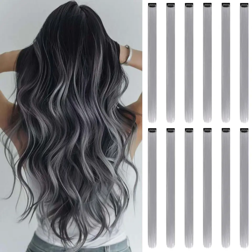 12PCS/Paquete Extensiones de Cabello Clip In Mechas de Colores para Fiesta para Chicas 22 Pulgadas Colores Ombre Lacio Sintético Postizos 4