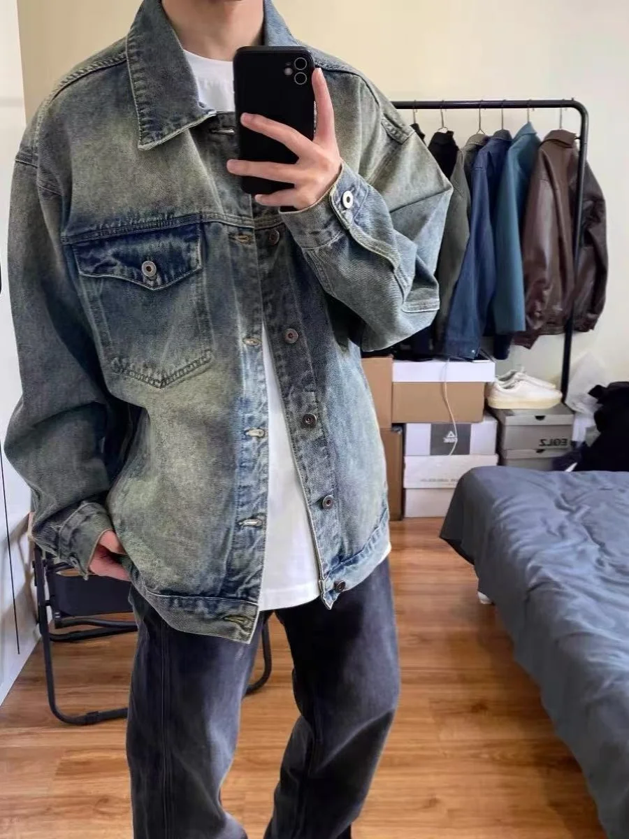 

Retro American Waed Denim Jaet Men's Spring Autumn Loose Cool Workwear Jaet Youth Faion Windproof Pure Color Outerwear