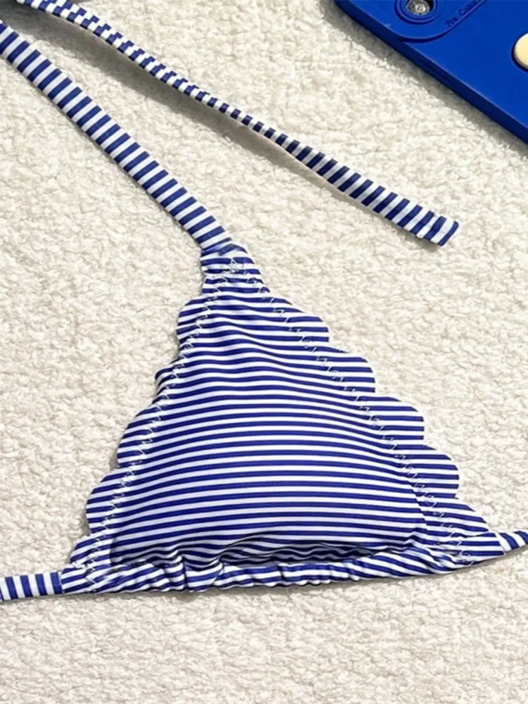 Conjunto de biquíni feminino 2025 novo verão azul listrado impressão sexy halter sem costas triângulo copo duas peças praia maiô tankini
