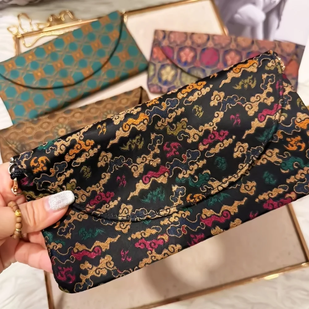 

New 100% Mulberry Silk Women's Mobile Bag Luxury Retro Printed Design Casual Bag Fashion Ladies Coffee Gold Crossbody Bag