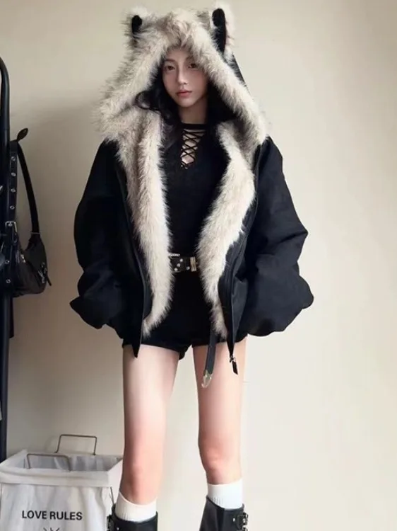 

Хлопковая куртка Thiened с меховым воротником для мужчин и женщин, зимнее пальто в стиле ретро, молодежное пальто на молнии или...