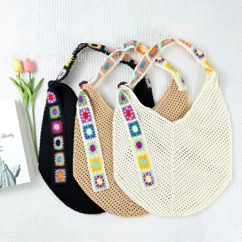 حقائب يد فاخرة مصممة حقائب كتف منسوجة للنساء سعة كبيرة لقضاء عطلة الشاطئ بوهو مطرزة بالزهور حقيبة كاجوال