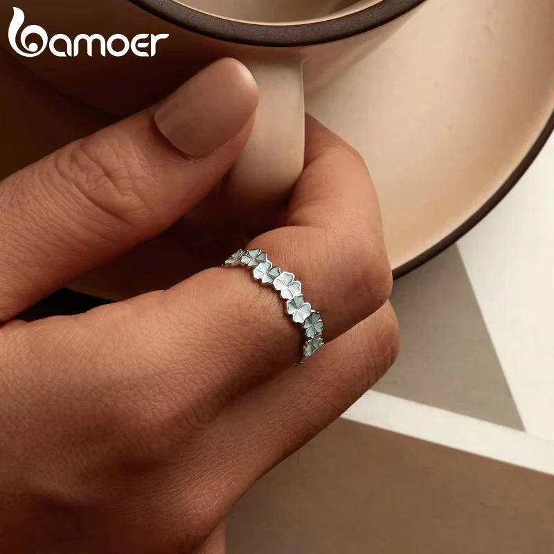 Bamoer 925 Sterling Silver Four-Leaf Clover Ring Mint Green Leaves Vine Ring Fine Jewelry Gift for Women Party