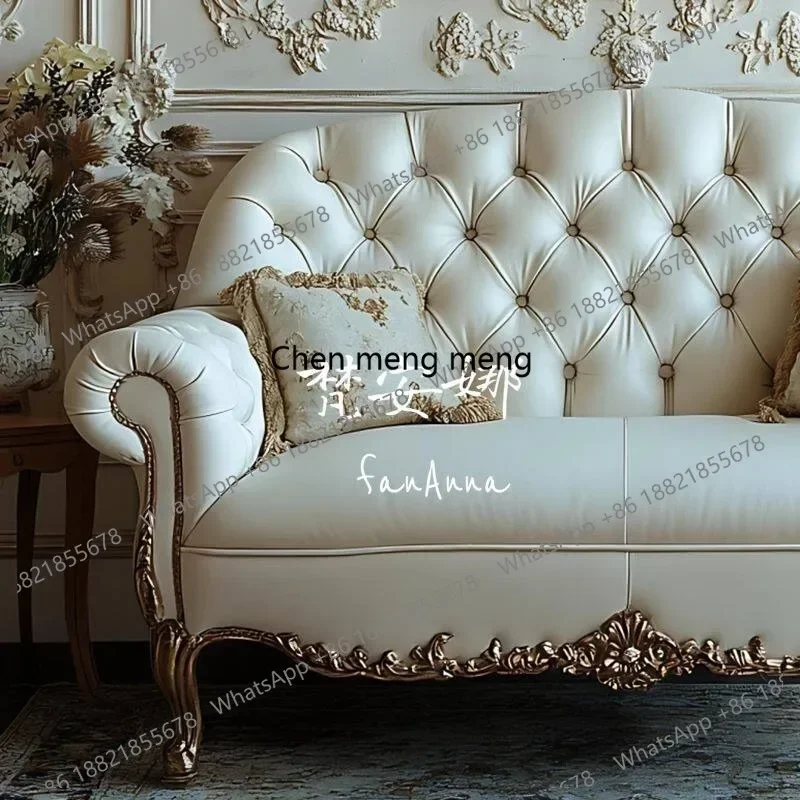 A74French retro solid wood sofa/model room leather art, homestay reception buckle, medieval carved sofa