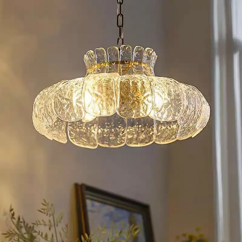 Petal Shaped Textured Glass Pendant Light Crackle Ice Glass Chandelier French Vintage Gold Rim Lamp Cream Style Floral Hanging