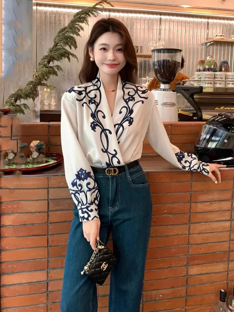 Horse Print Black White Women Shirt Contrasting Color Trendy Ribbon Shirt  Autumn Long-sleeved Tops Long Sleeve Blouses Shirts
