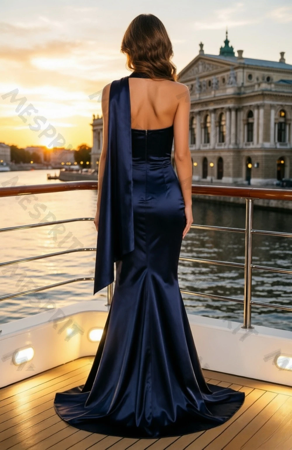Customized Elegant Strapless Satin Fishtail Evening Gowns with Waist Cinching Exposed Suspenders and Trailing Straps Dresses