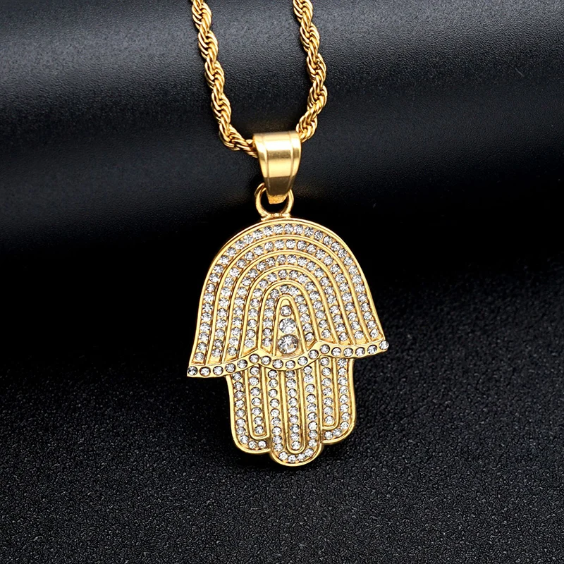 Hip Hop Rhinestones Paved Bling Iced Out Stainless Steel Fatima Hand Pendants Necklace for Men Women Islam Muslim Amulet Jewelry