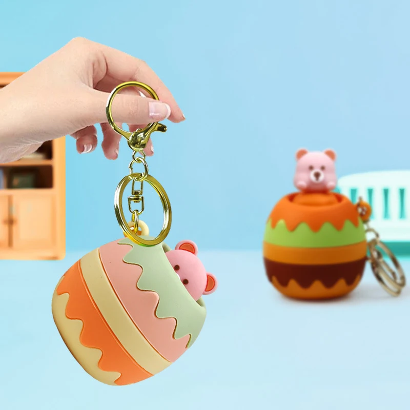 Schattig verstoppertje spel stress speelgoed sleutelhanger hanger tas decoratie cartoon konijntje beer knijp zacht fidget creatief cadeau