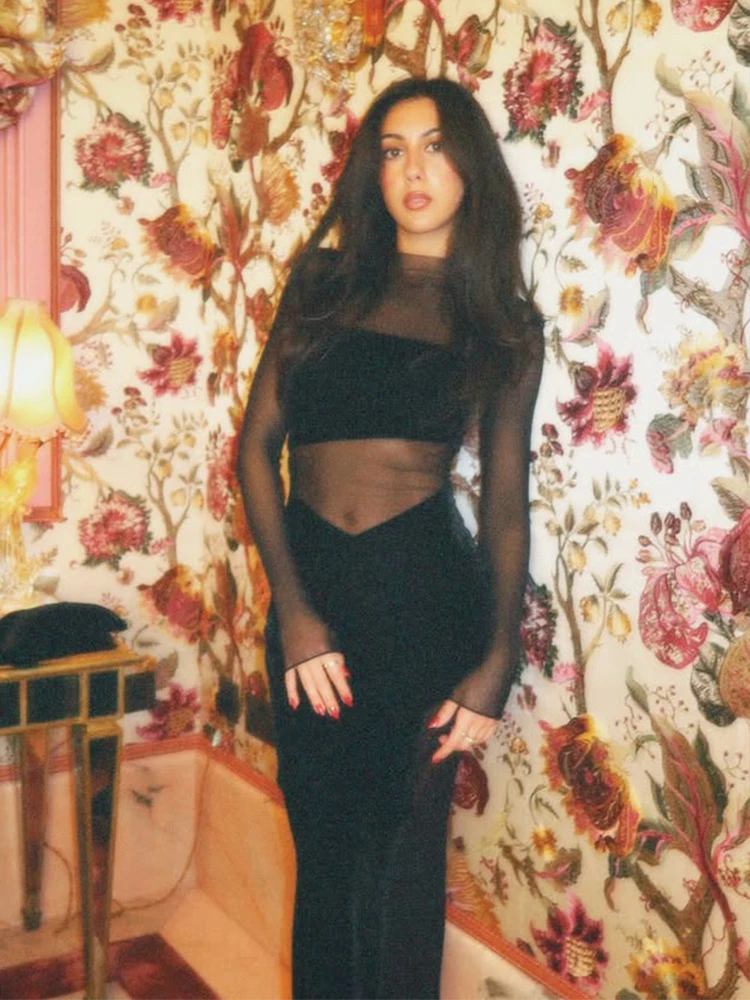 Ahagaga sexy dames maxi-jurken mesh patchwork normale lange mouwen halfhoge kraag pure schede bodycon split vestidos gewaden