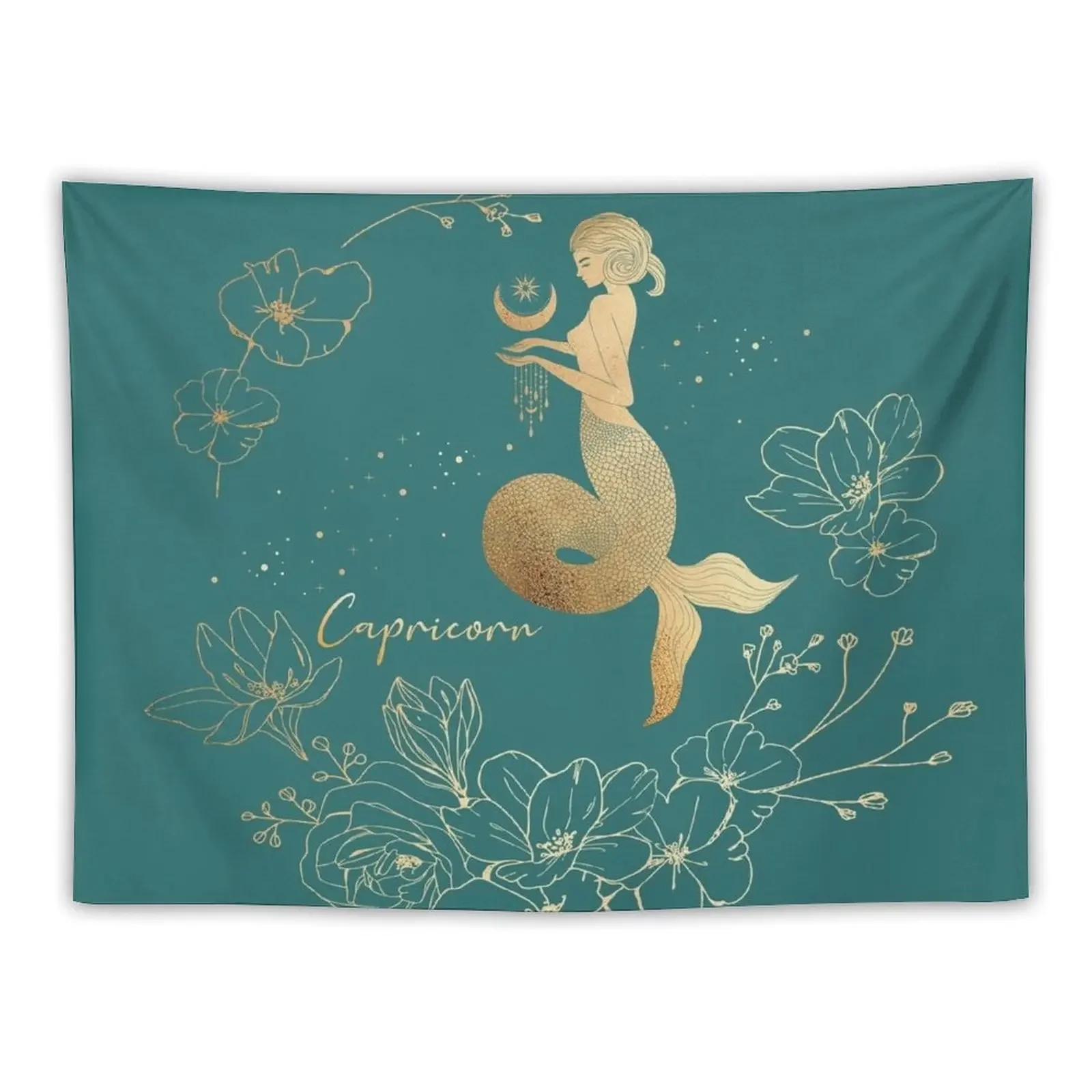 

Capricorn Woman Mermaid in the Stars Holding the Moon Surrounded by a Floral Wreath - Teal Tapestry Hanging Wall Tapestry