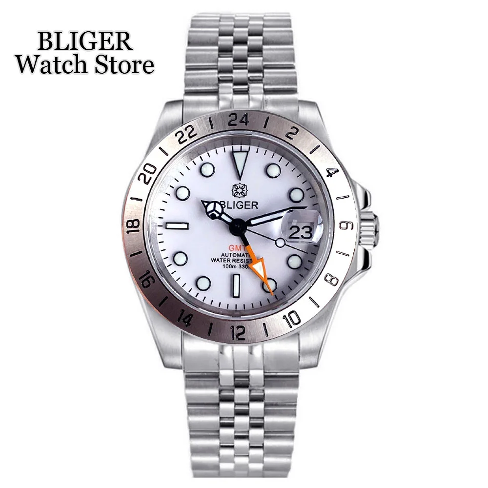 

BLIGER 39mm NH34 GMT Automatic Watch For Men Luminous White Sapphire Glass Stainless Steel Strap Luxury 2023