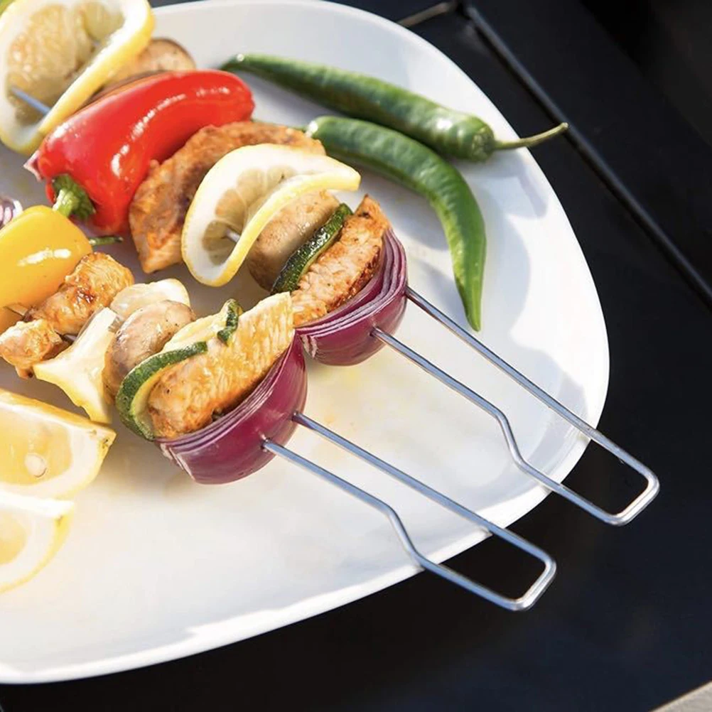 

2pcs Stainless Steel Barbecue Skewers Rustproof Heavy Duty Bbq Forks For Chicken Wings Kebabs Camping Outdoor Party Restaurant