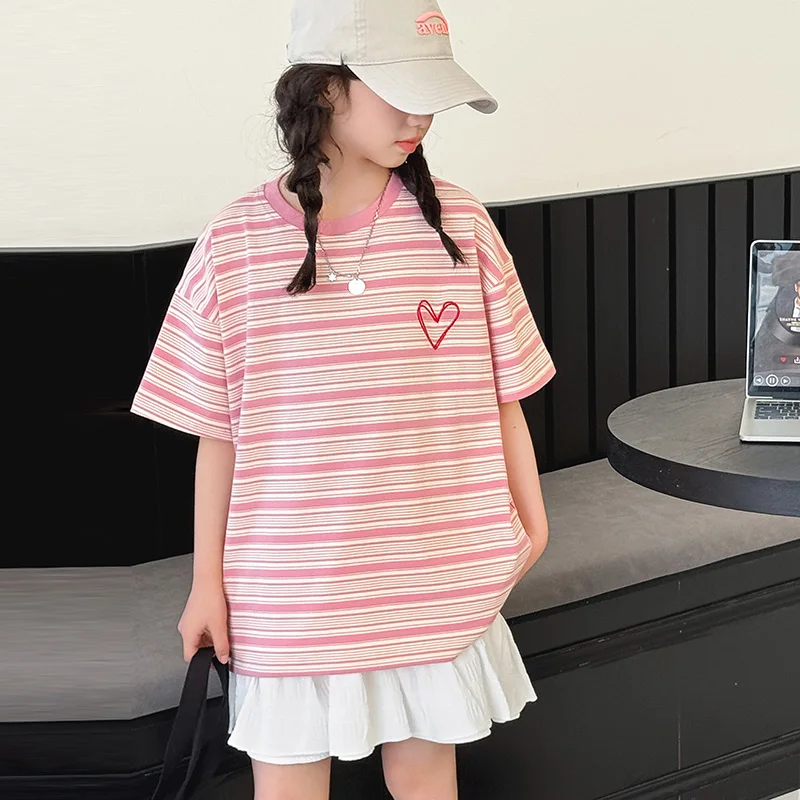 Sweet Style Kids Girl Summer Shorts Sleeve Pink Striped Heart T-shirt Tweens Child Loose Casual Tee Tops Tshirt for Teenagers