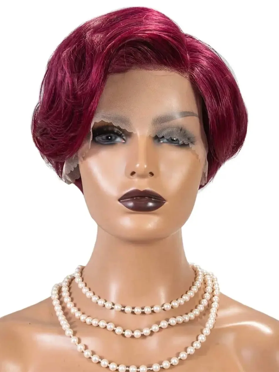 13x4 HD Lace Short Pixie Wig 99J Human Hair 6 Inch Straight Free Part Full Volume Lightweight Ready to Wear for Black Women