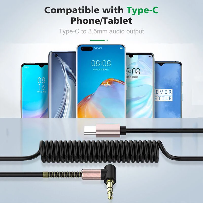 Elough USB C to 3.5mm Elbow Spring Retractable Audio Cable Male to Male Aux Speaker Cable Retractable Cable Car Cable