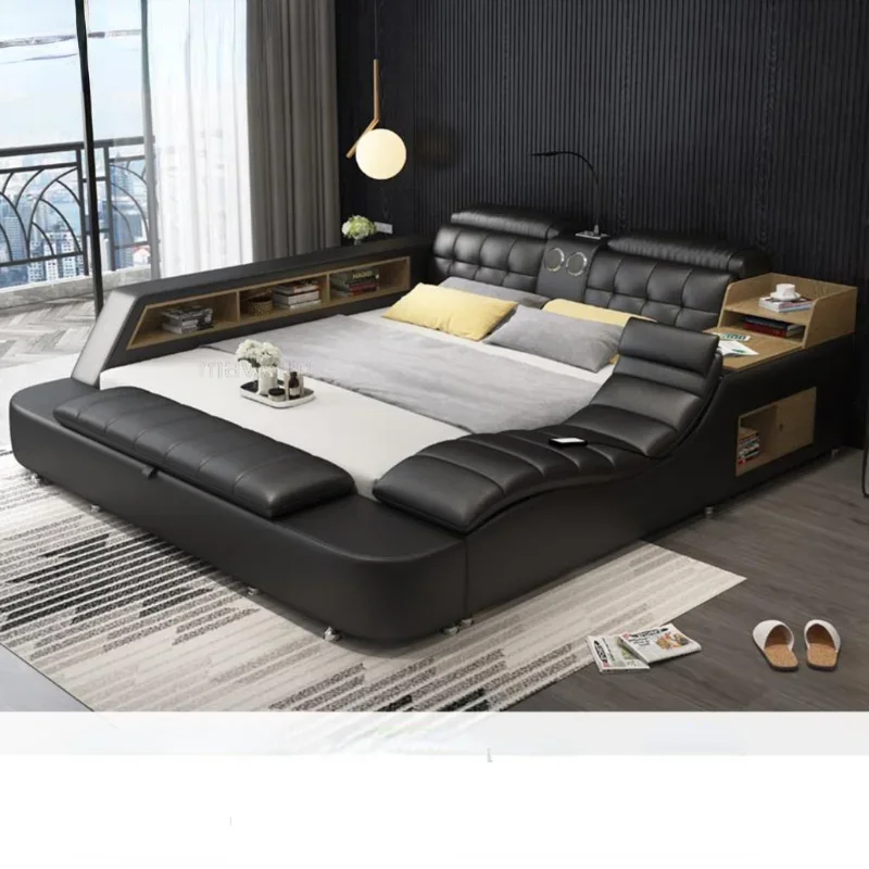 Genuine Leather Bed Frame Soft Beds Massager Storage Safe Speaker Led Light Bedroom Recharging Bluetooth Safe Usb