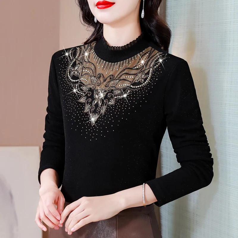 

2025 осенне-зимняя рубашка Botoming, новые лоскутные кружевные топы с высоким воротником, модная женская футболка с длинным рукавом