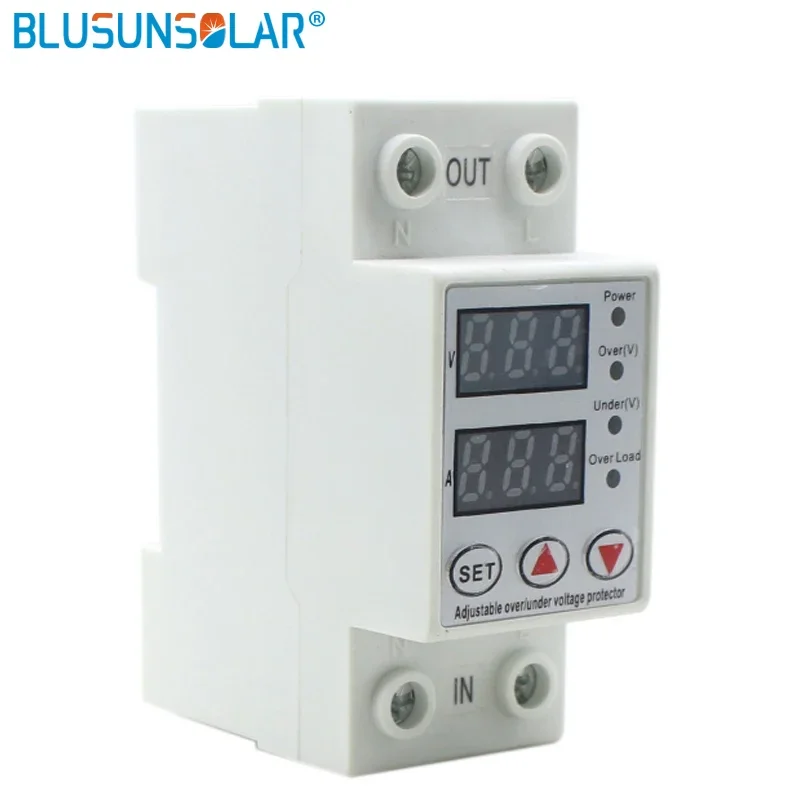Home Usage Dual LED Display Din Rail 1-63A 316V Adjustable Voltage Surge Protector Relay with Limit Current Protection