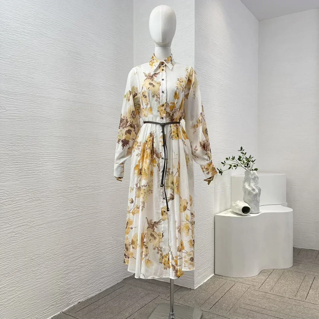 2024 New High Quality Ramie Women Clothes Light Yellow Floral Print Long Sleeve Loose Midi Dress for Holiday