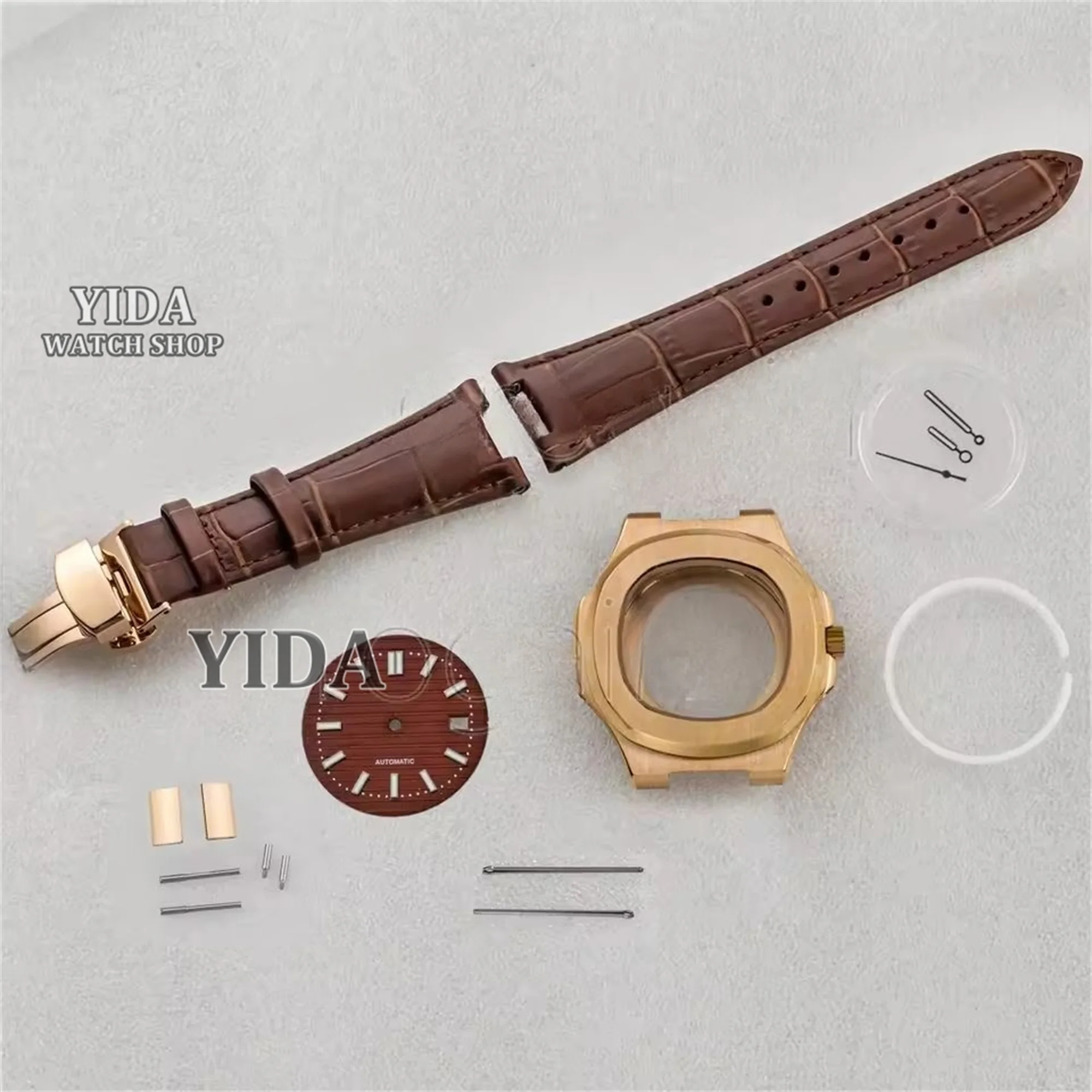 

41mm NH35 Watch Case Genuine Leather Strap Green Luminous Dial Hands Sapphire Glass Waterproof Case Fit Nautilus NH35 Movement