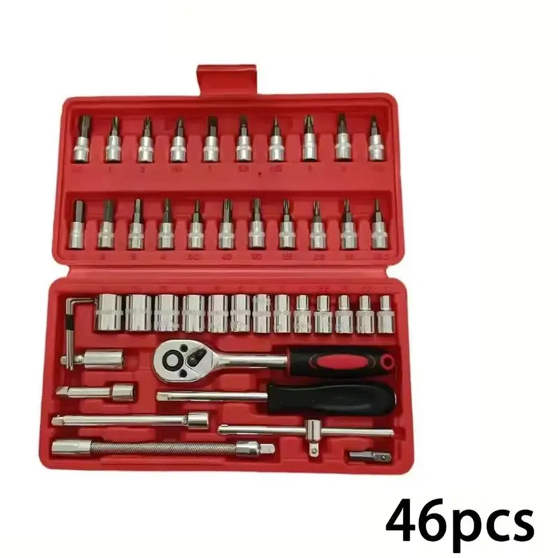 [NEW!A47U】 Mechanic Tool Set 46Pcs 1/4 Inch Drive Bit Socket Wrench Set For Motor Ratchet, Wrench For Motorcycle Tool Kit Red